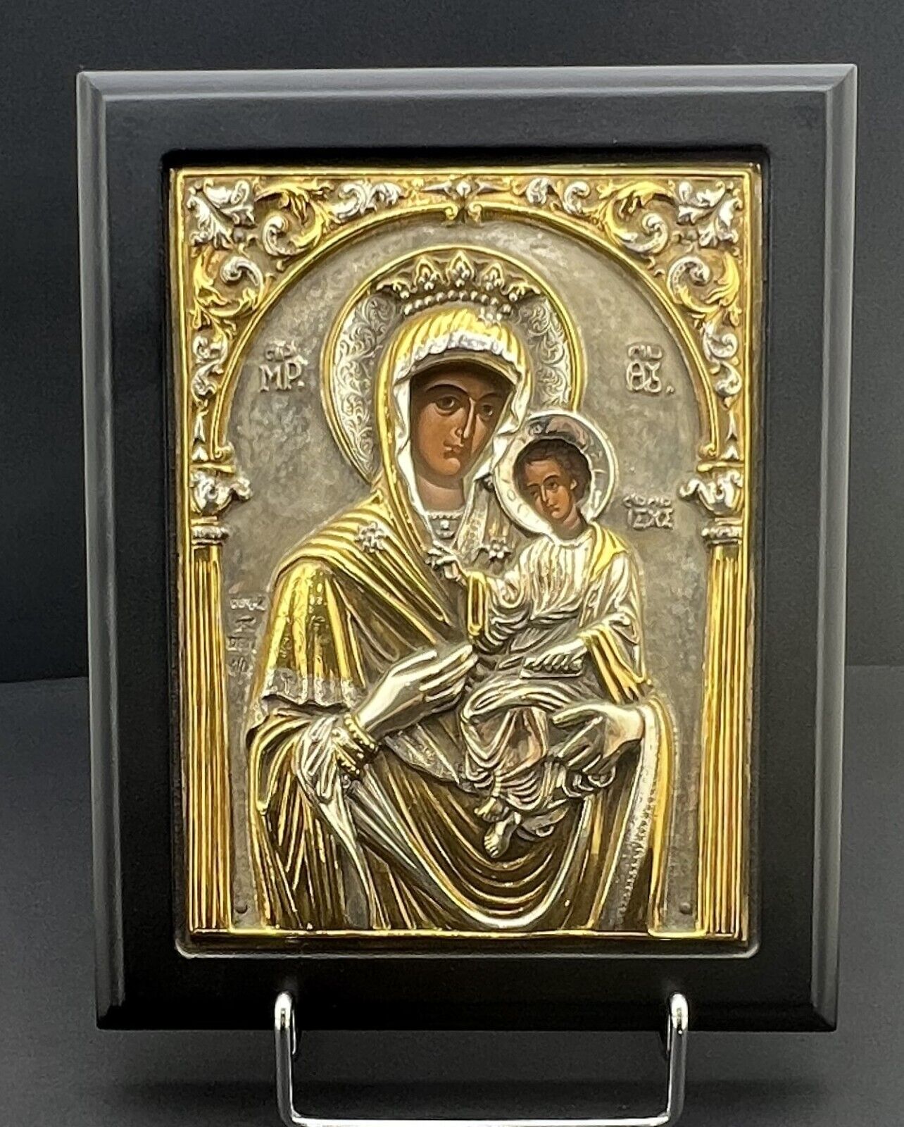 Greek Byzantine Icon, Virgin Mary with Baby Jesus, Silver .950, 21,5 cm/ 8.46\