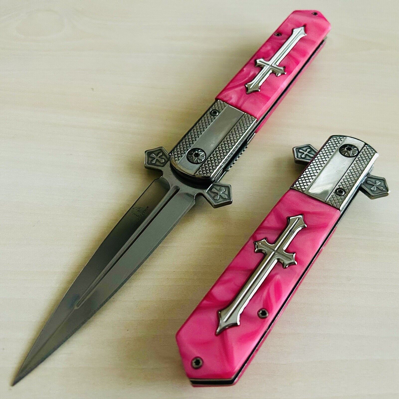 9” Pink Cross Tactical Spring Assisted Folding Pocket Knife Girl’s Knife w/Clip