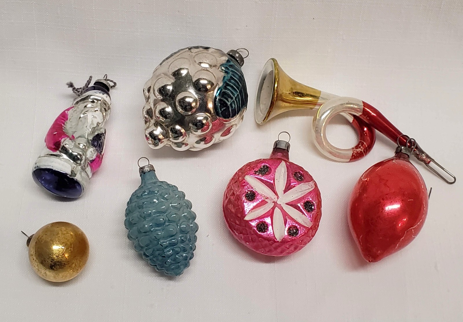 Vintage Glass Christmas Ornaments Lot of 7 Horn, Santa, Grapes, Flower Indent Vintage Glass Christmas Ornaments Lot of 7 Horn, Santa, Grapes, Flower Indent
