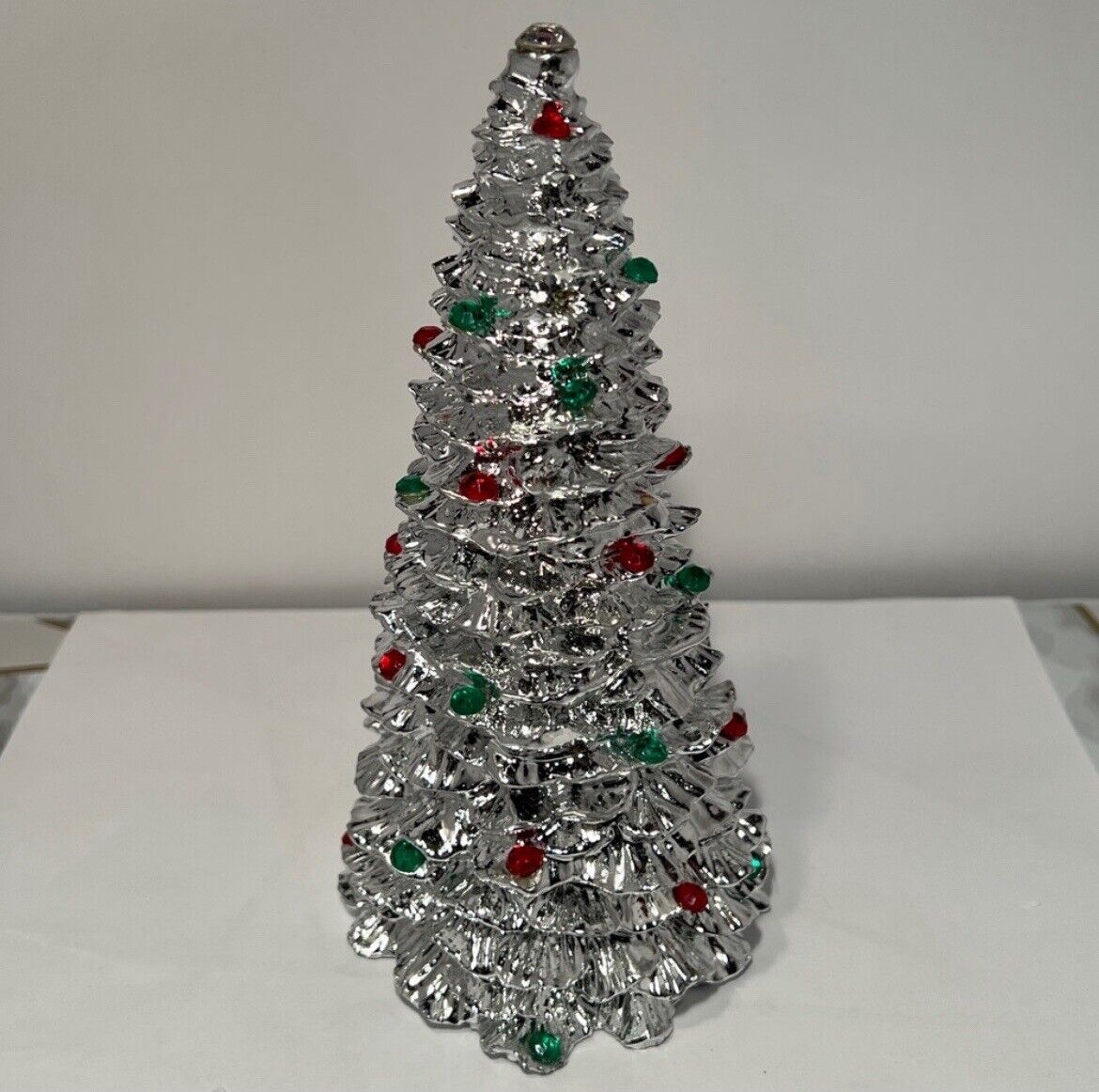 Vintage Decor 8” Heavy Figural Silver Reflective Christmas Tree Red & Green Gems