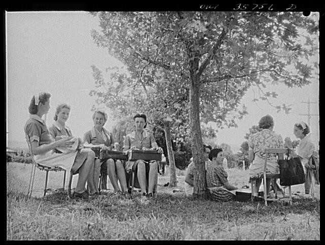 Photo:1940s Women Sewing Under Tree Outdoor Group Portrait