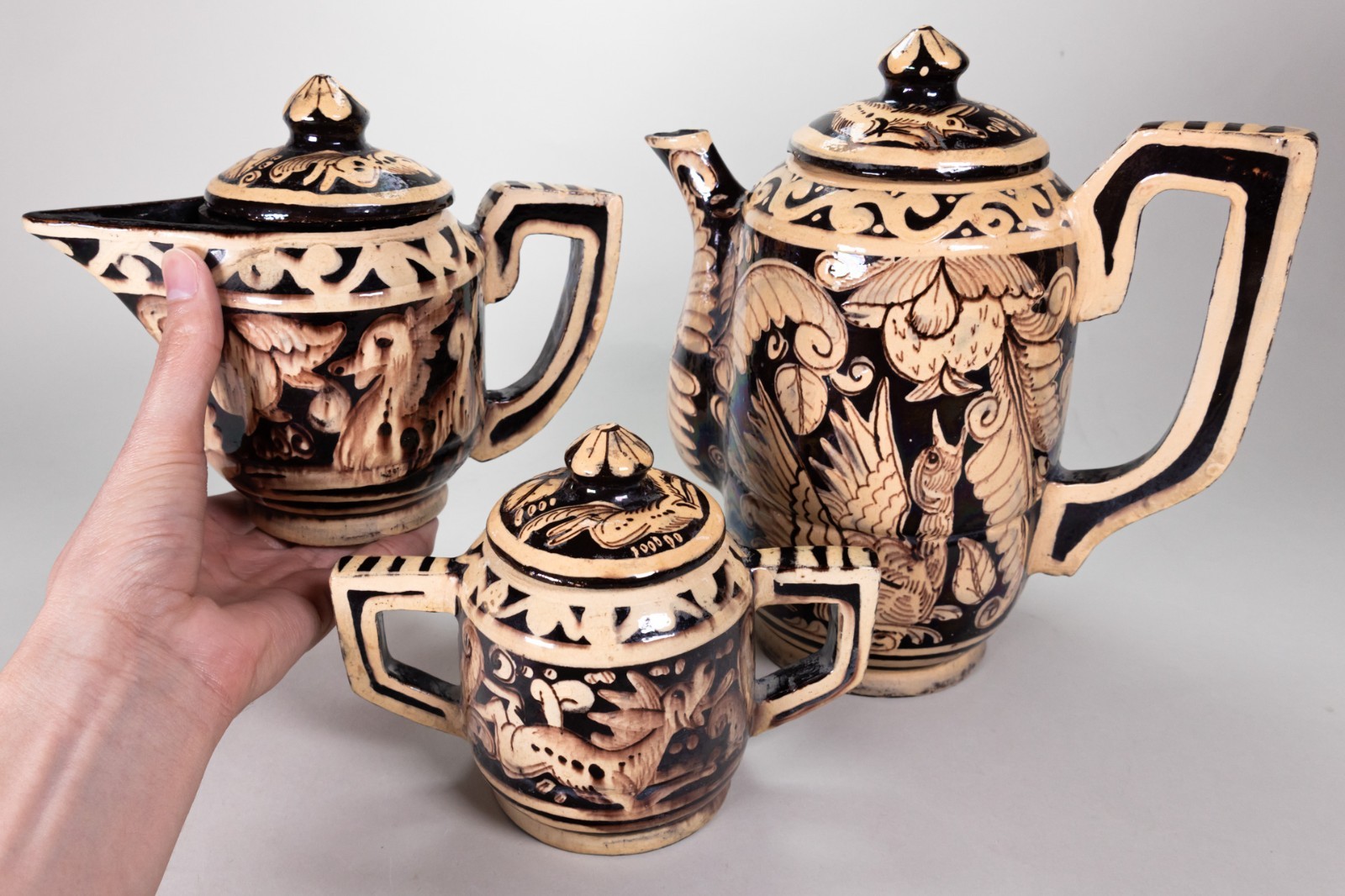 Vintage C.1930s Tlaquepaque Mexican Fantasia Tea Set w/ Creamer & Sugar Pots