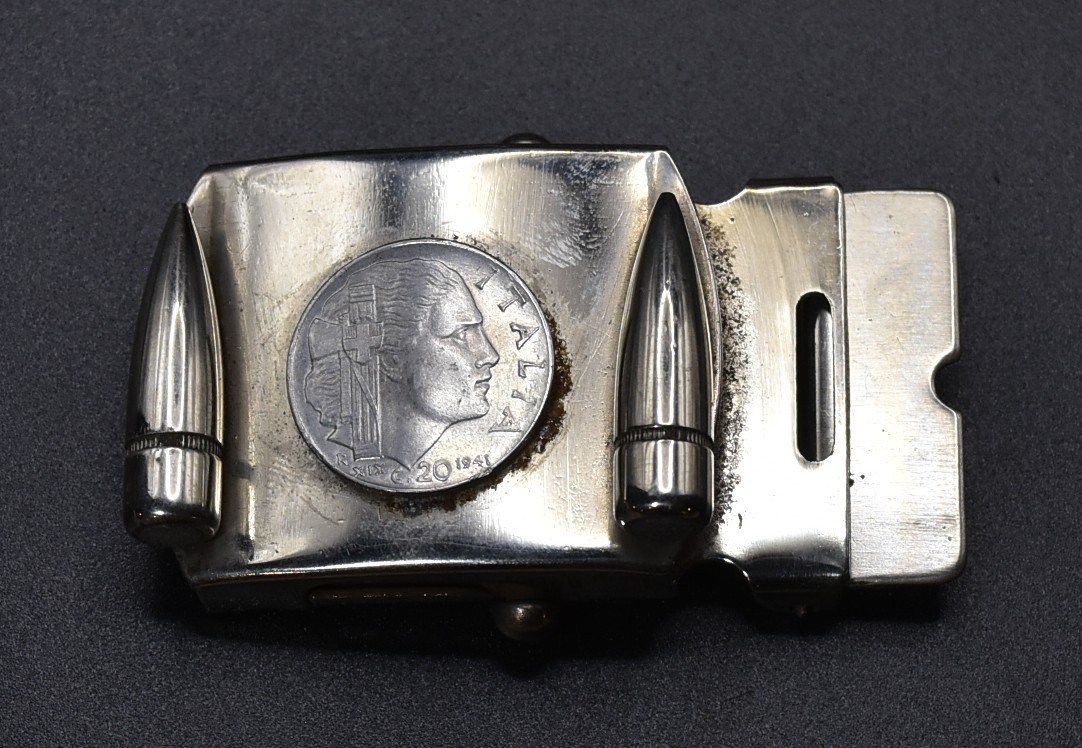 Vintage 1941 WWII Italian Coin and Bullets on Belt Buckle - Trench Art Vintage 1941 WWII Italian Coin and Bullets on Belt Buckle - Trench Art