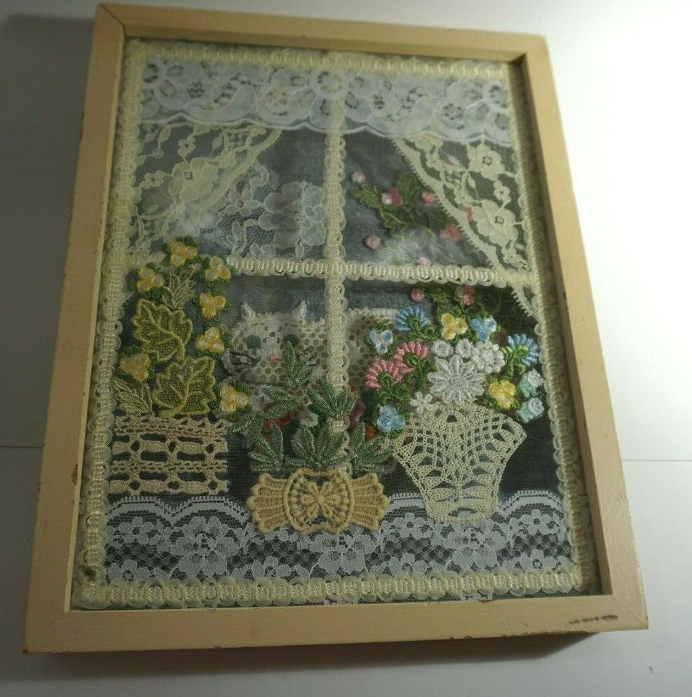 Enesco 1984 Framed Picture Art Cat Window Lace Vintage 11 1/4" X 8 3/4" X 1 1/2 Enesco 1984 Framed Picture Art Cat Window Lace Vintage 11 1/4" X 8 3/4" X 1 1/2