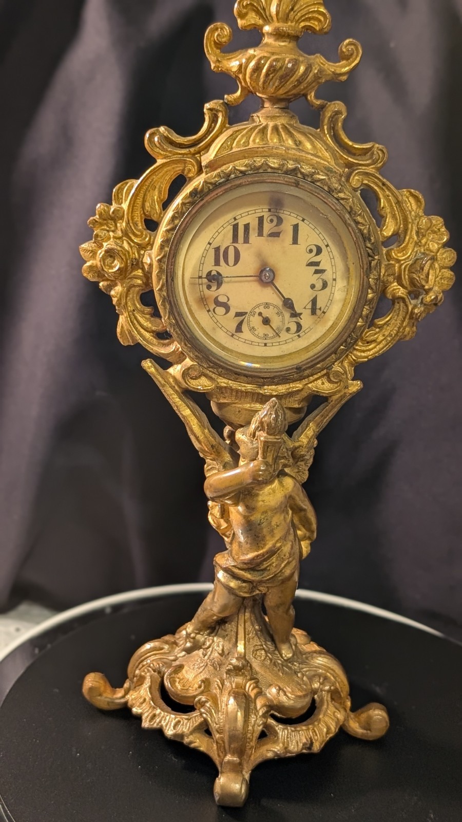 Antique Ornate Gilt Cherub Figural Desk Clock Boudoir Mint Exterior. Needs Oiled