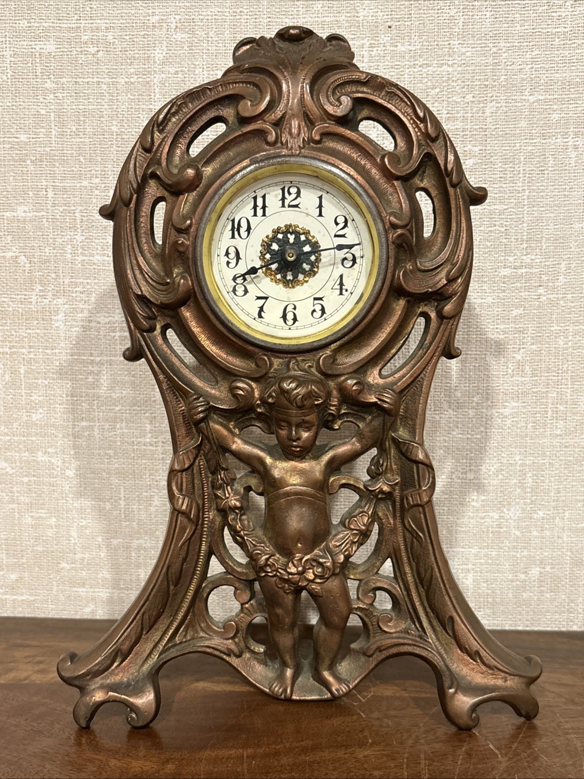 Antique Cast Brass Or Bronze Art Nouveau Figural Cherub Clock - Working Antique Cast Brass Or Bronze Art Nouveau Figural Cherub Clock - Working