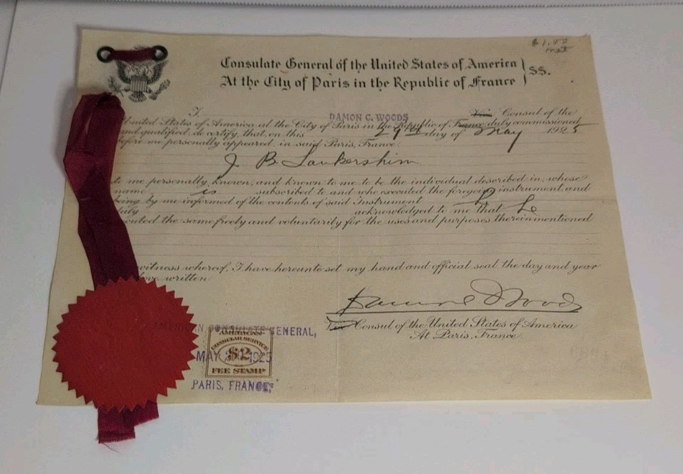 ANTIQUE 1925 UNITED STATES CONSULATE PARIS FRANCE COMPLETED FORM RIBBON & SEAL ANTIQUE 1925 UNITED STATES CONSULATE PARIS FRANCE COMPLETED FORM RIBBON & SEAL