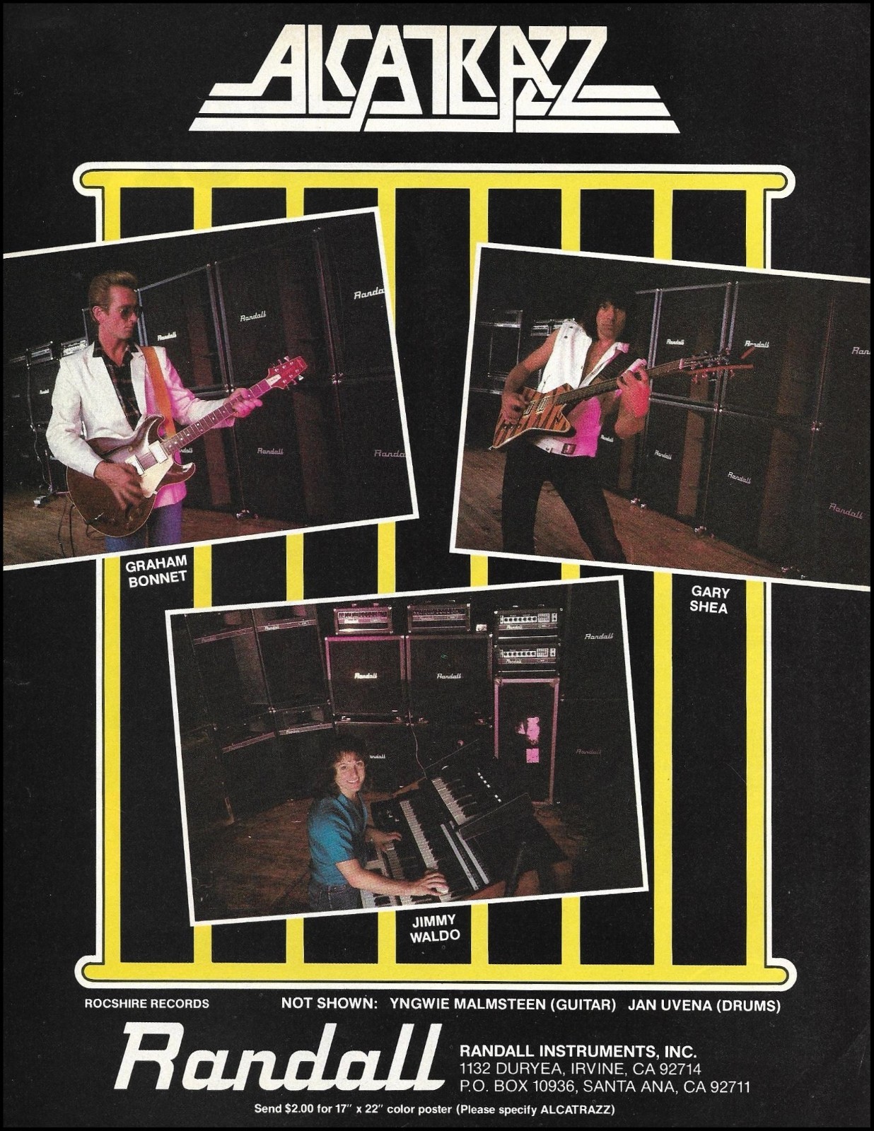Alcatrazz band Gary Shea Graham Bonnet Jimmy Waldo 1984 Randall Guitar Amp ad Alcatrazz band Gary Shea Graham Bonnet Jimmy Waldo 1984 Randall Guitar Amp ad