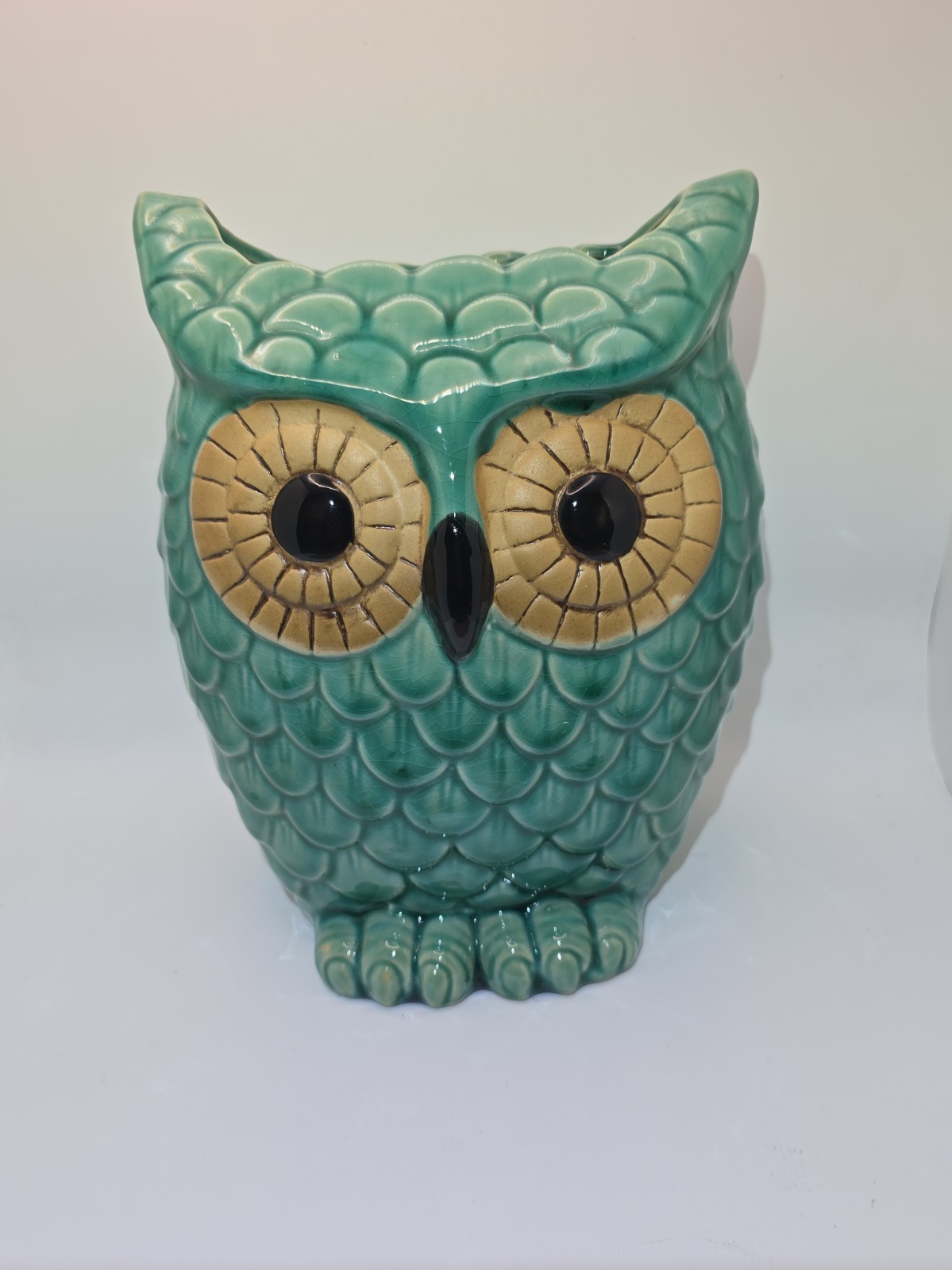 Vintage Heavy Owl Green Vase Utensil Holder Ceramic Art Pottery 9.50” tall