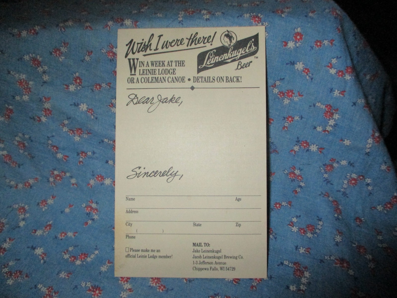 ksm. Leinenkugel's Beer Entry Blank Wish I Were There 1990 Win Week Lodge Canoe ksm. Leinenkugel's Beer Entry Blank Wish I Were There 1990 Win Week Lodge Canoe