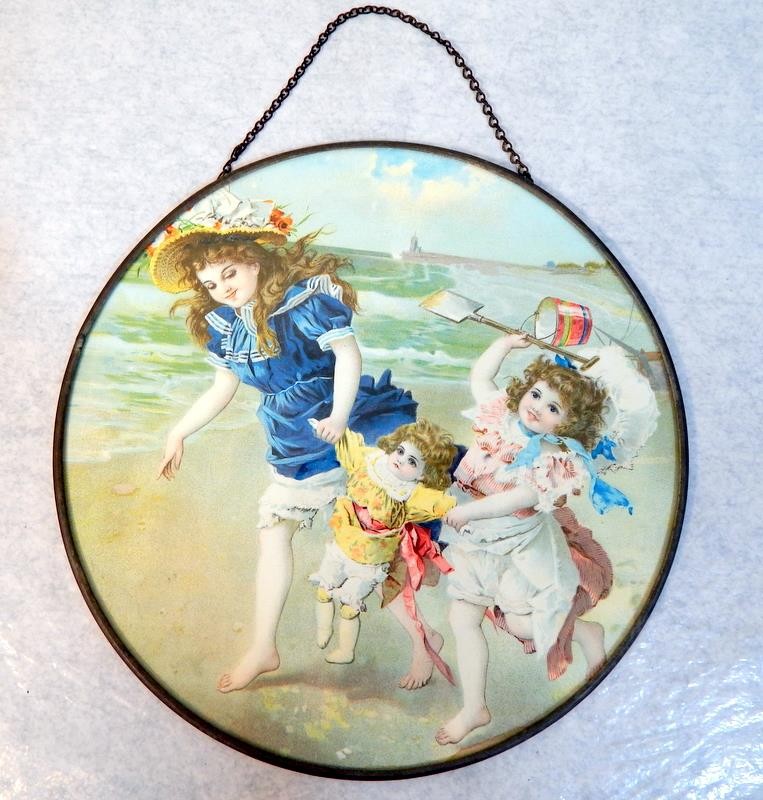 Victorian Flue Cover w/3 Young Girls At The Beach Girls Litho'd Print Late 1800s