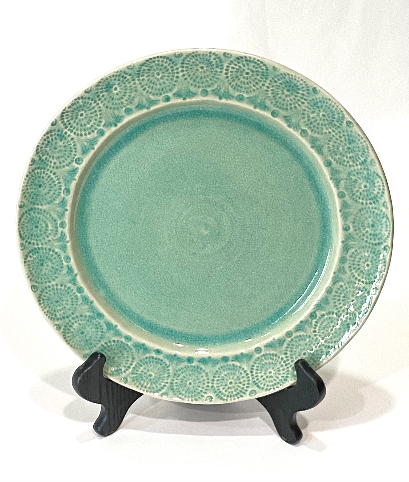 2 Anthropologie Old Havana Mint Dinner Plates 9499084, Crackle Glaze 11 1/2"
