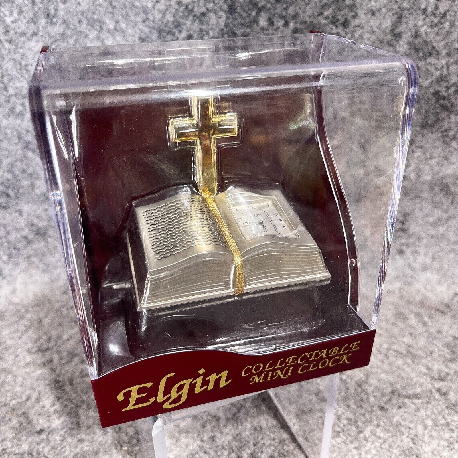 Vintage ELGIN Desk Mini Clock Cross W Bible Night Stand *New Battery Installed