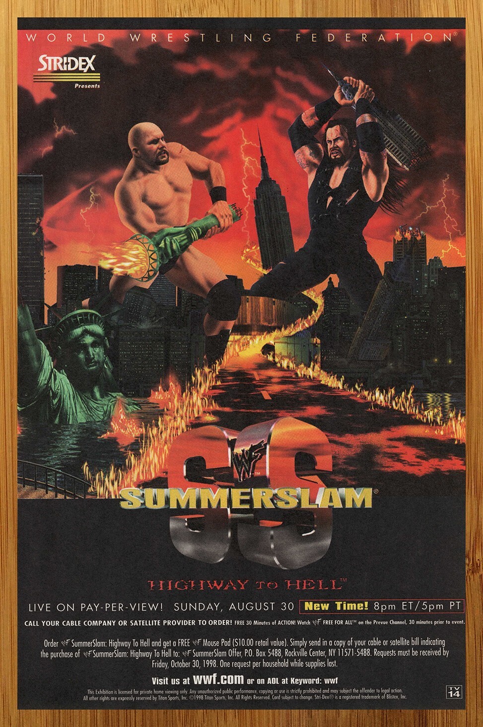 1998 WWF Summerslam Vintage Print Ad/Poster Wrestling Stone Cold Undertaker Art 1998 WWF Summerslam Vintage Print Ad/Poster Wrestling Stone Cold Undertaker Art