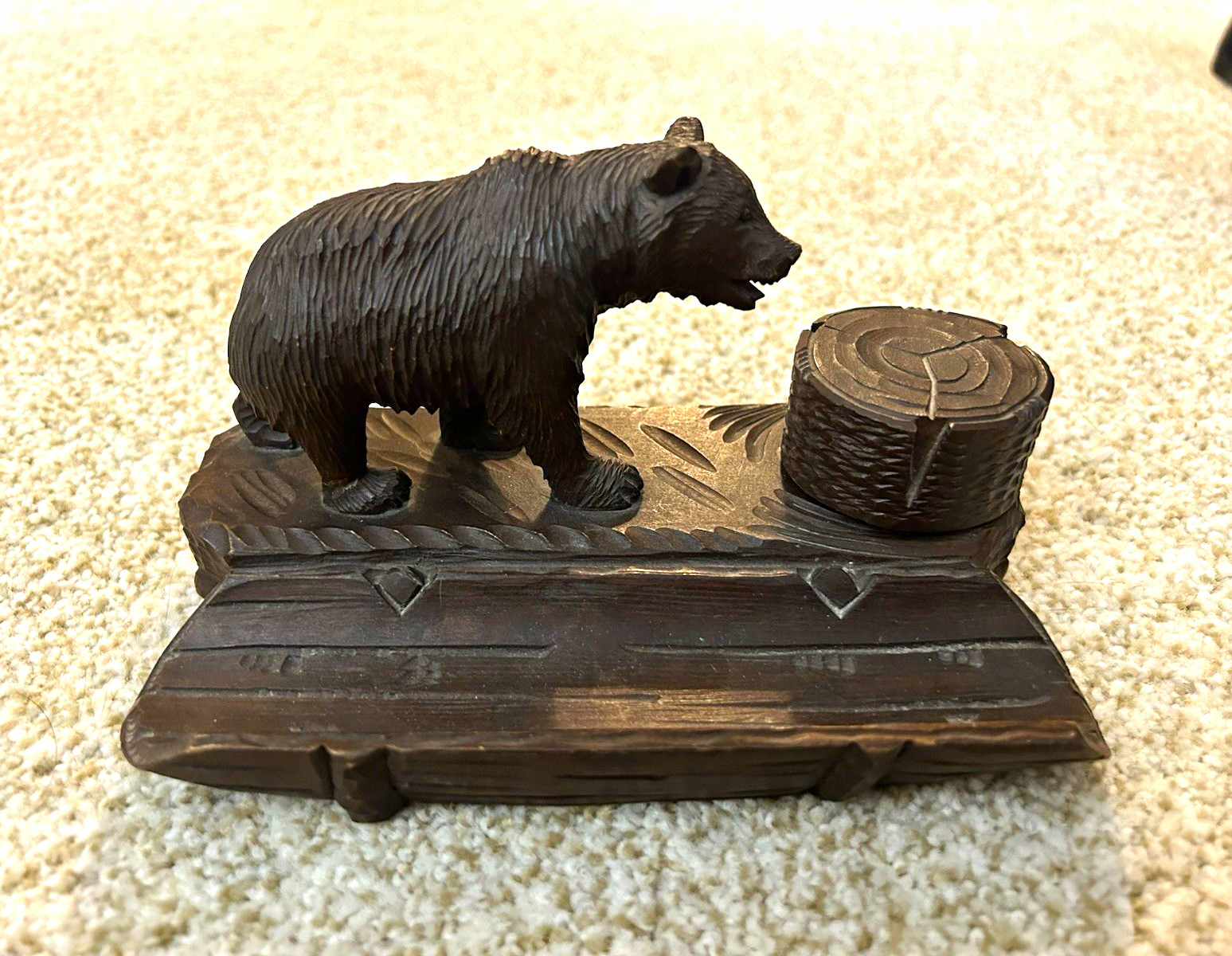 Antique Black Forest Style Carved Wood Bear Inkwell w/ Glass Insert Antique Black Forest Style Carved Wood Bear Inkwell w/ Glass Insert