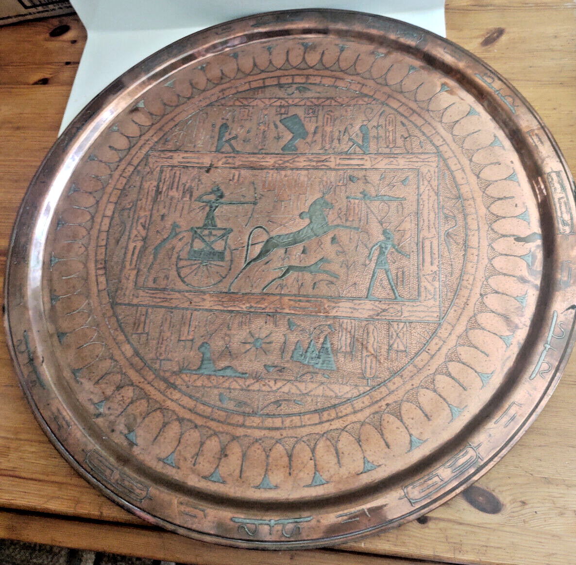 Antique Egyptian Cairoware Charger | Copper w/Silver Inlay LARGE 25\