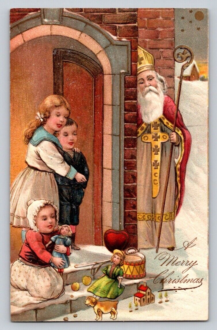 c1910 Red Santa Claus Hiding Staff Toys Children Door Embossed Germany P30