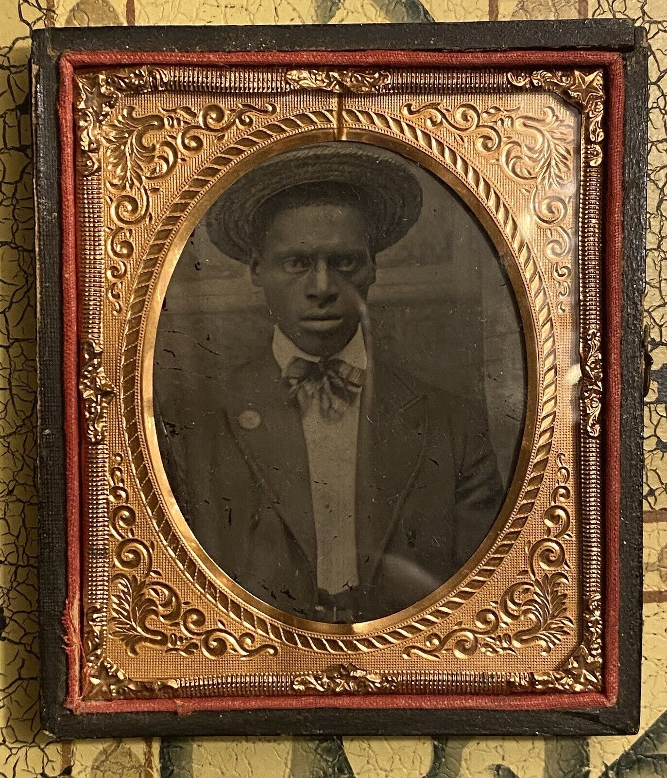 Very Rare Antique Ambrotype Of Black Victorian Man Wearing Bow Tie & Pin