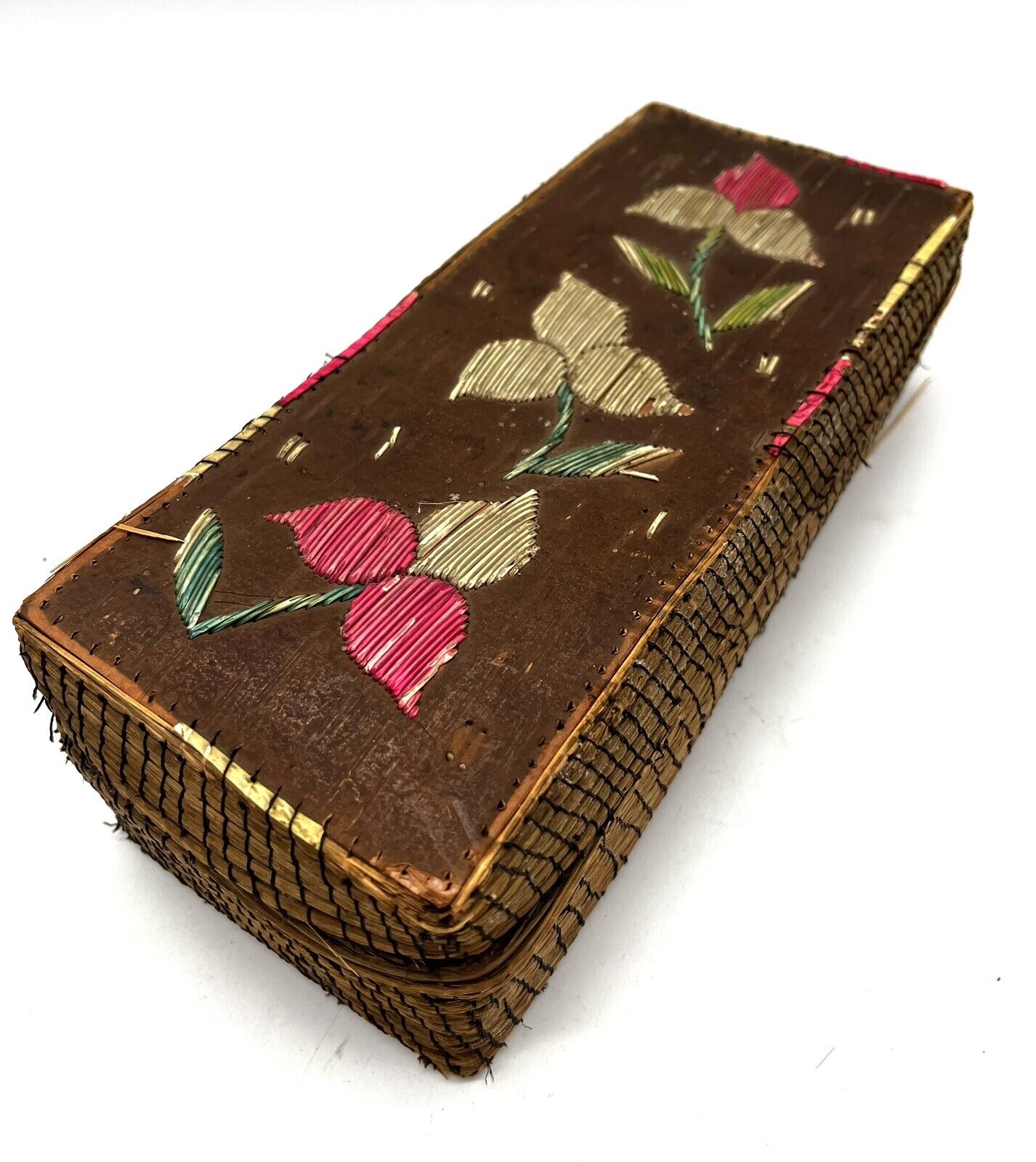 Native American Porcupine Quill Birch Bark and Grass Oblong Box Red Flowers, 4x9