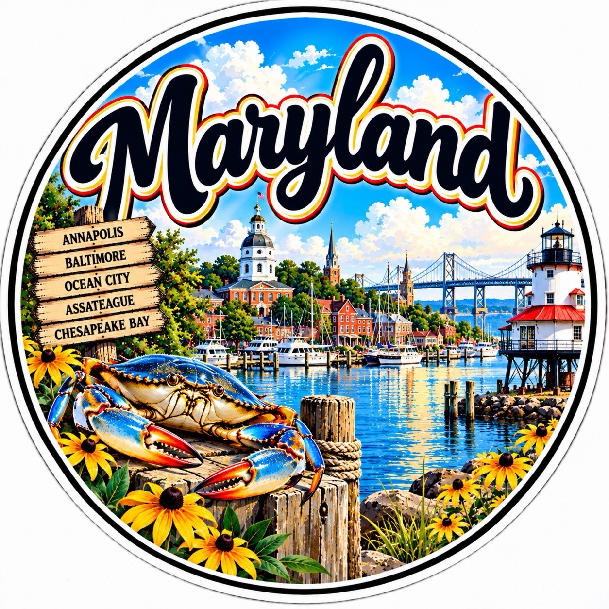 Maryland State Sticker 3” Round Blue Crab Chesapeake Bay Ocean City Souvenir Maryland State Sticker 3” Round Blue Crab Chesapeake Bay Ocean City Souvenir