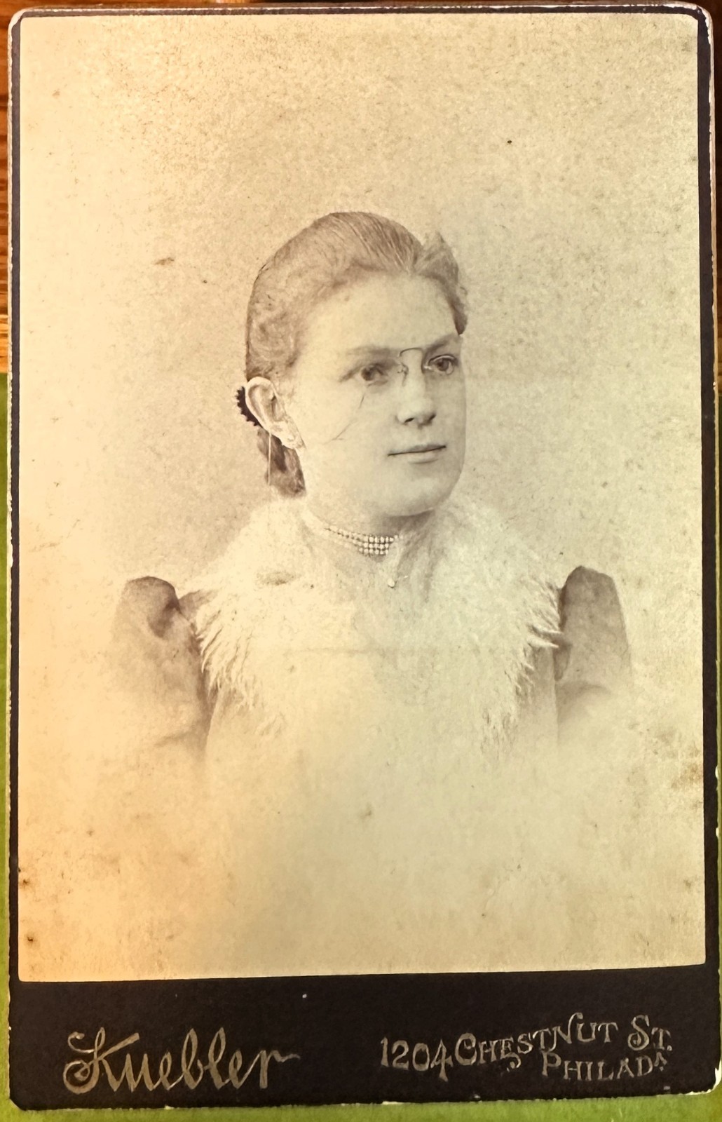 Vintage Sepia Cabinet Card Young Lady w/Glasses 3 Strand Pearl Choker Kuebler Vintage Sepia Cabinet Card Young Lady w/Glasses 3 Strand Pearl Choker Kuebler