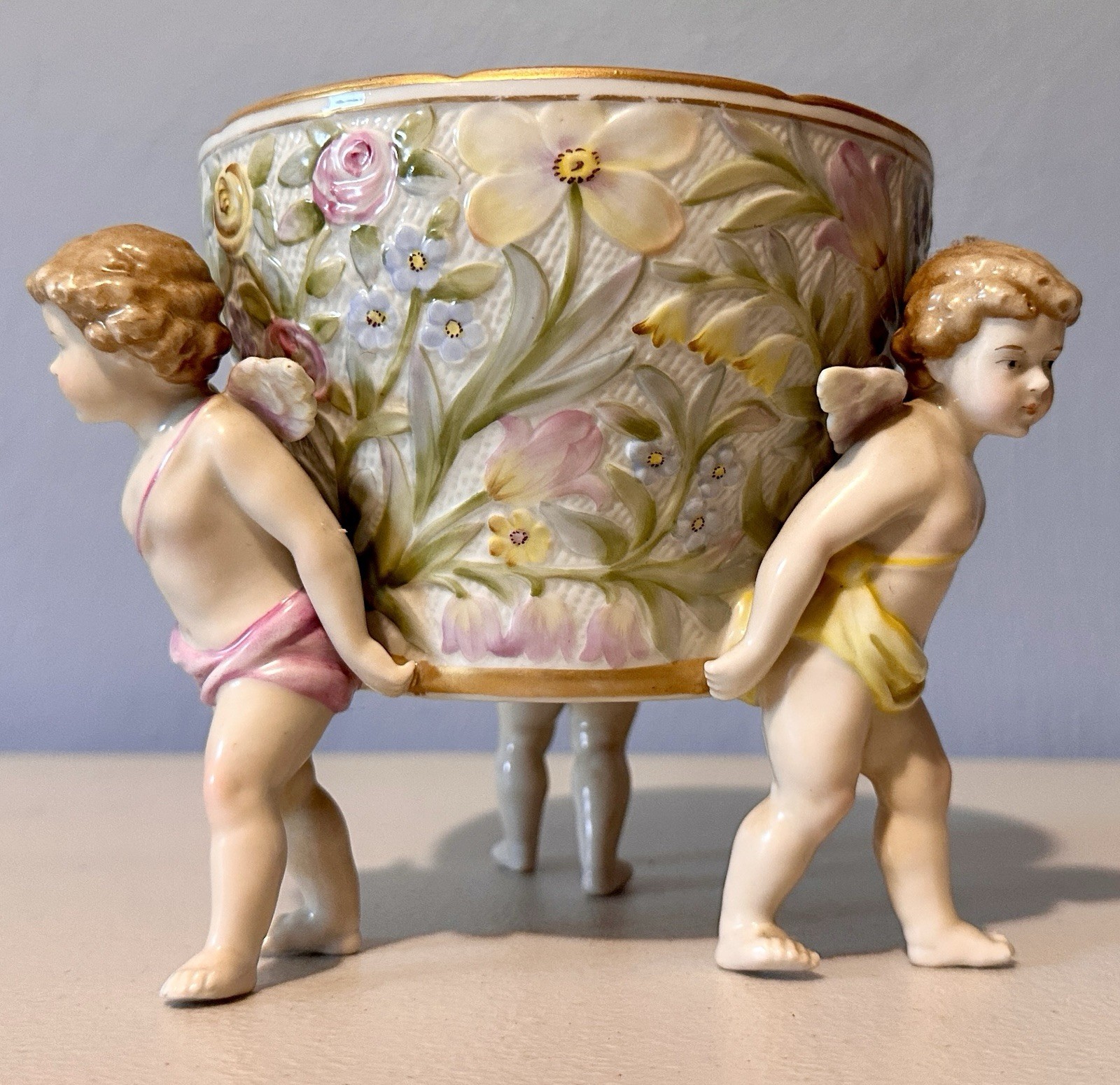 RARE Antique Von Schierholz Porcelain Compote with Three Cherub Figures RARE Antique Von Schierholz Porcelain Compote with Three Cherub Figures