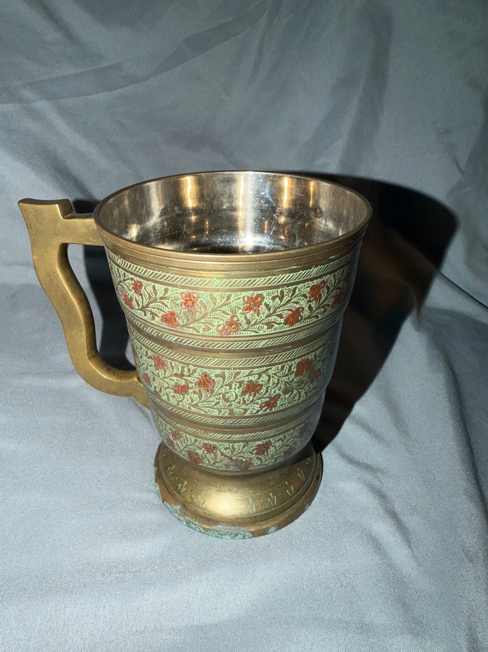 Vintage India Brass Pedestal Mug Tankard Etched Floral Enamel Patina Vintage India Brass Pedestal Mug Tankard Etched Floral Enamel Patina