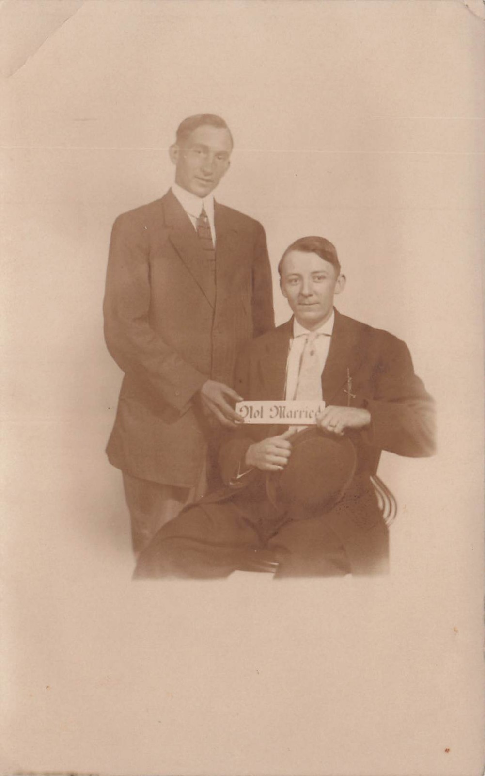 RPPC Two Men Not Married Sign Studio Portrait Photo Vtg Postcard 10A RPPC Two Men Not Married Sign Studio Portrait Photo Vtg Postcard 10A