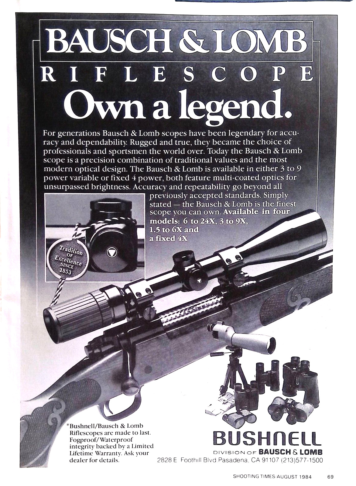 Print Ad Bushnell Bausch & Lomb Riflescope Own a Legend Made to Last 1984