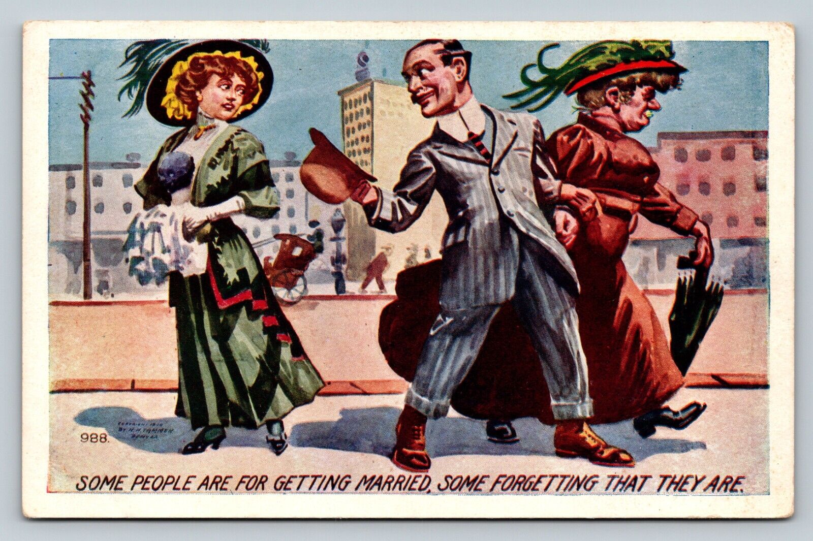 c1908 Man Forgets He's Married Tips Hat To Younger Lady VINTAGE Humor Postcard