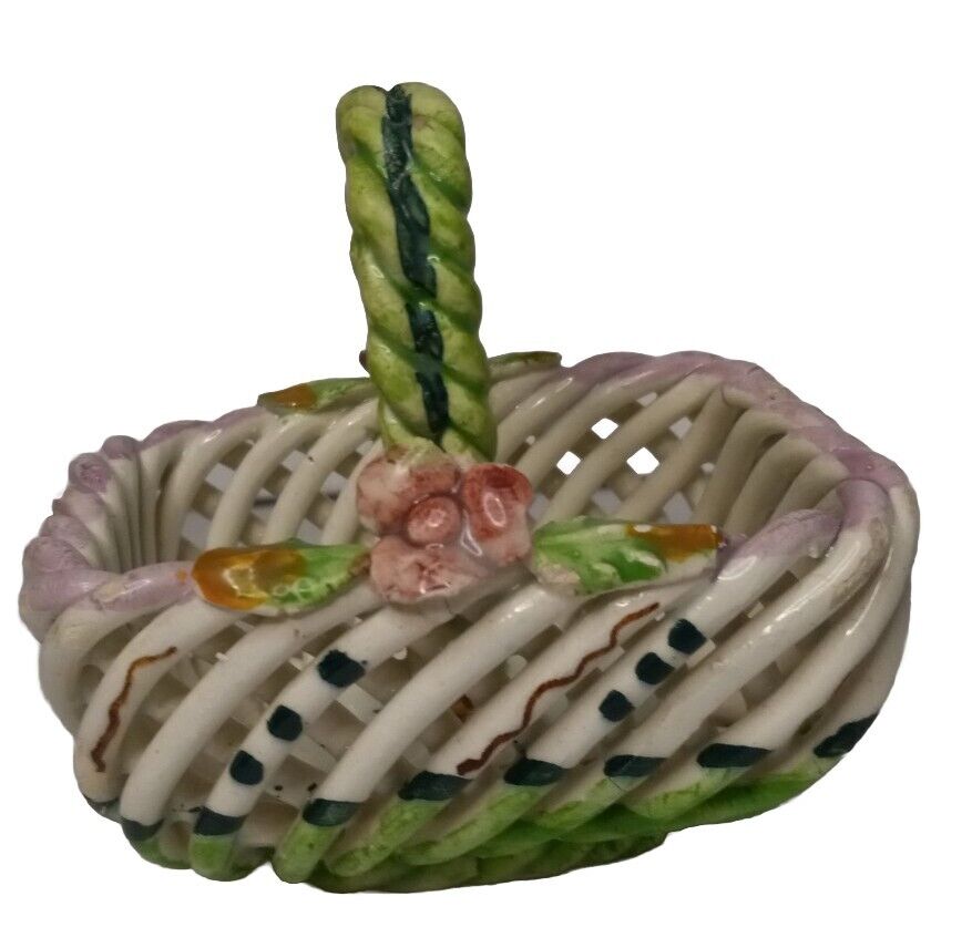 Vintage Spain Porcelain Mini Open Weaved Basket Multicolored Pink/Flowers/Spring