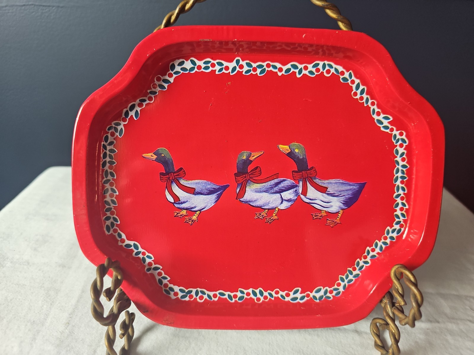 Vintage Small Metal Canape Tray Christmas Duck Print 8" Vintage Small Metal Canape Tray Christmas Duck Print 8"