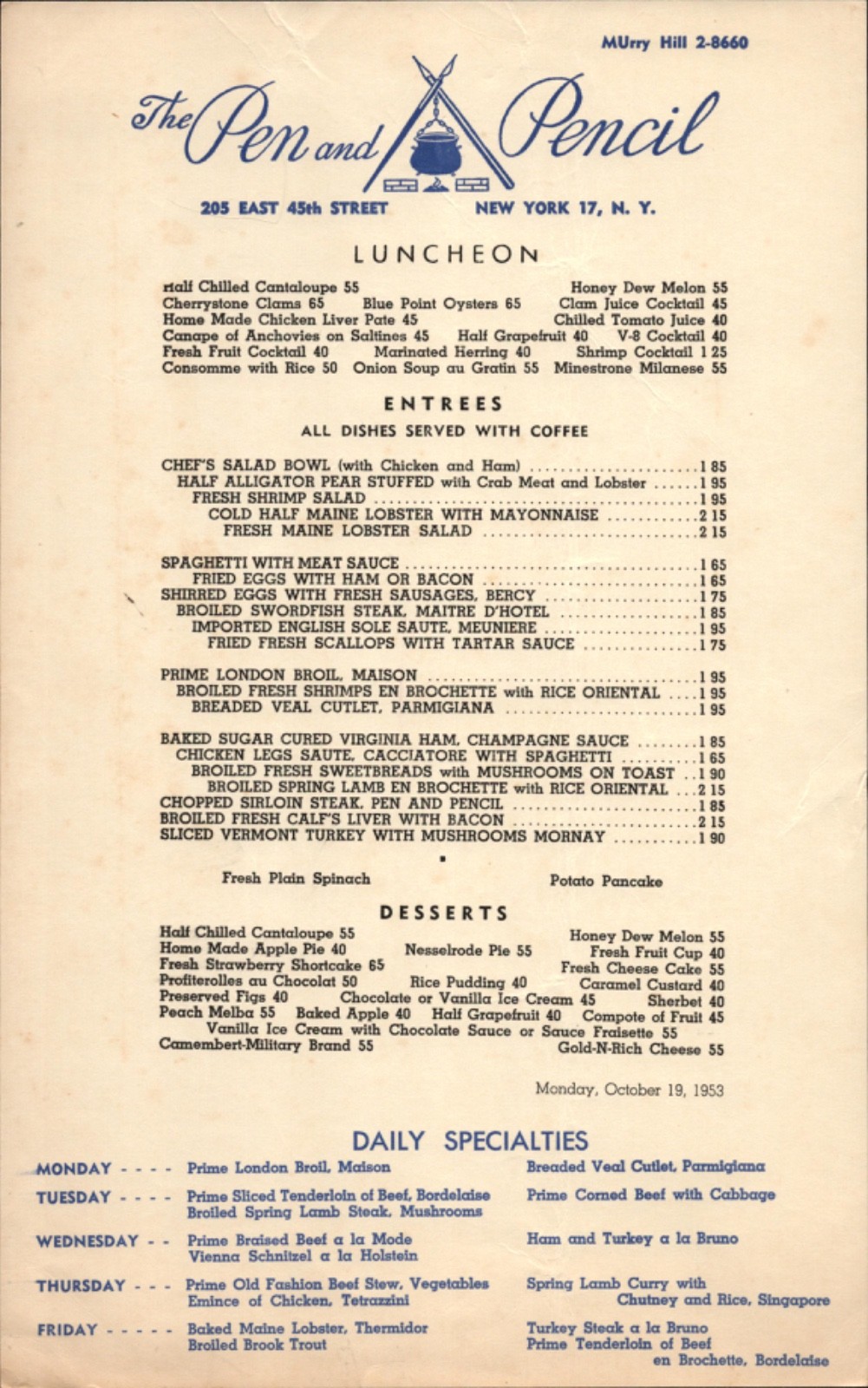 1953 THE PEN AND PENCIL vintage restaurant menu NEW YORK CITY Inspired Mad Men 1953 THE PEN AND PENCIL vintage restaurant menu NEW YORK CITY Inspired Mad Men