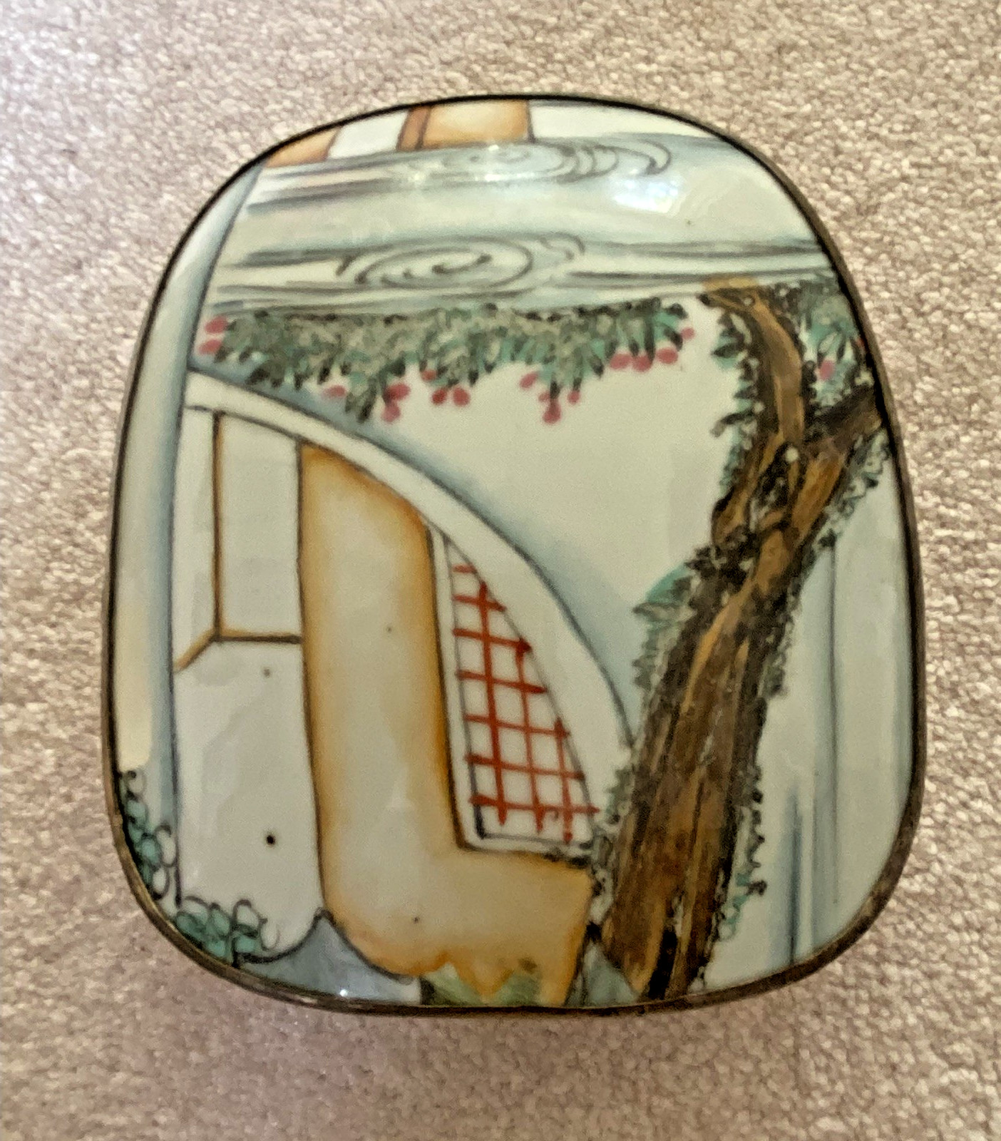 Vintage Chinese Hand Painted Porcelain Shard Top Silver Tone Jewelry Box Vintage Chinese Hand Painted Porcelain Shard Top Silver Tone Jewelry Box