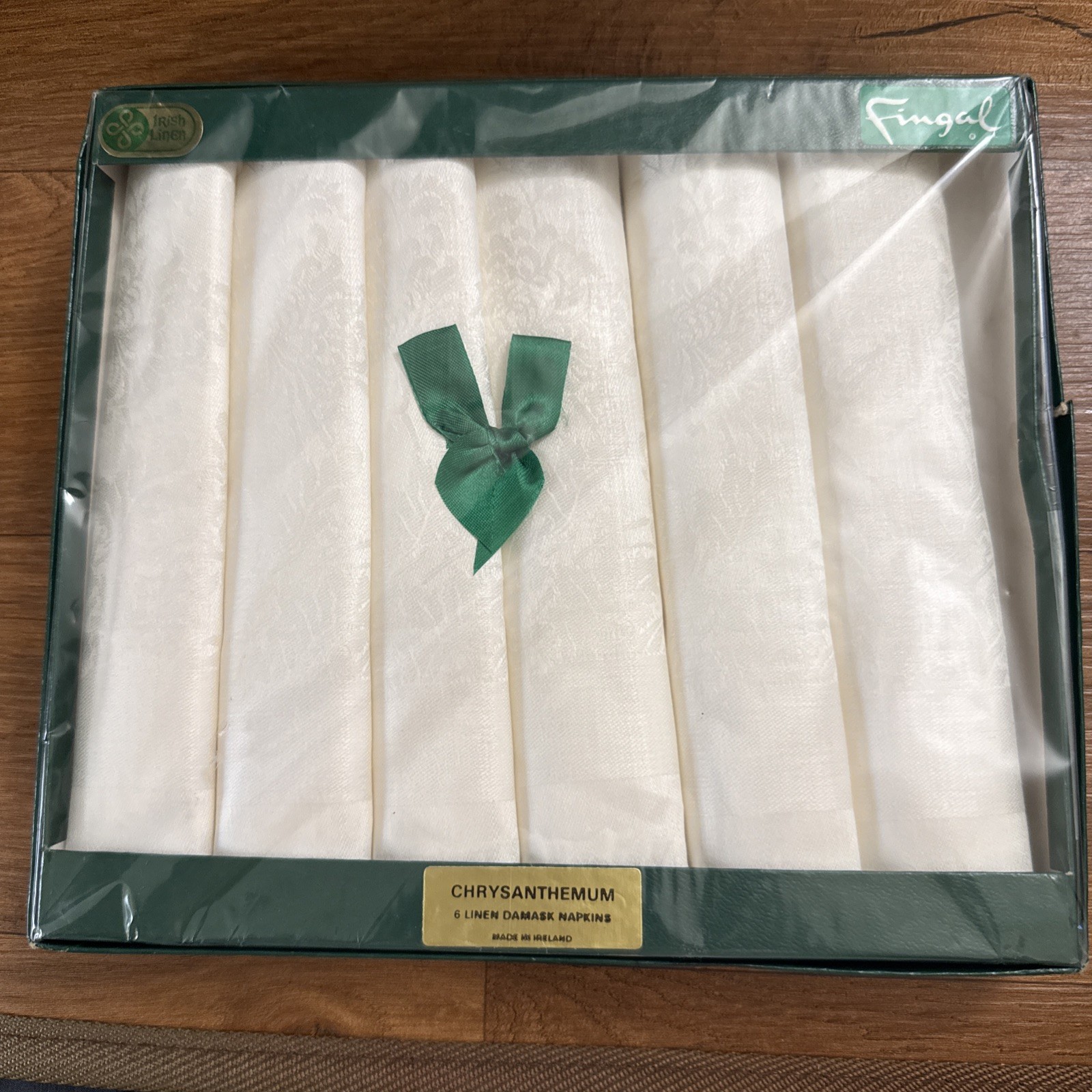 6 Vtg FINGAL Irish Linen Damask Napkins CHRYSANTHEMUM White 18 x 18 New in Box
