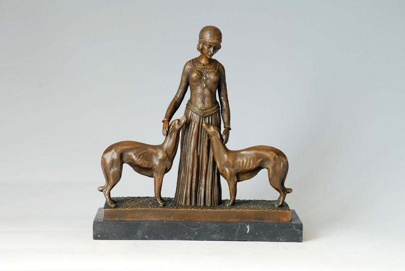 Signed D.H.Chiparus,Bronze art deco Girl w/ two dogs Sculpture "Friends Forever"