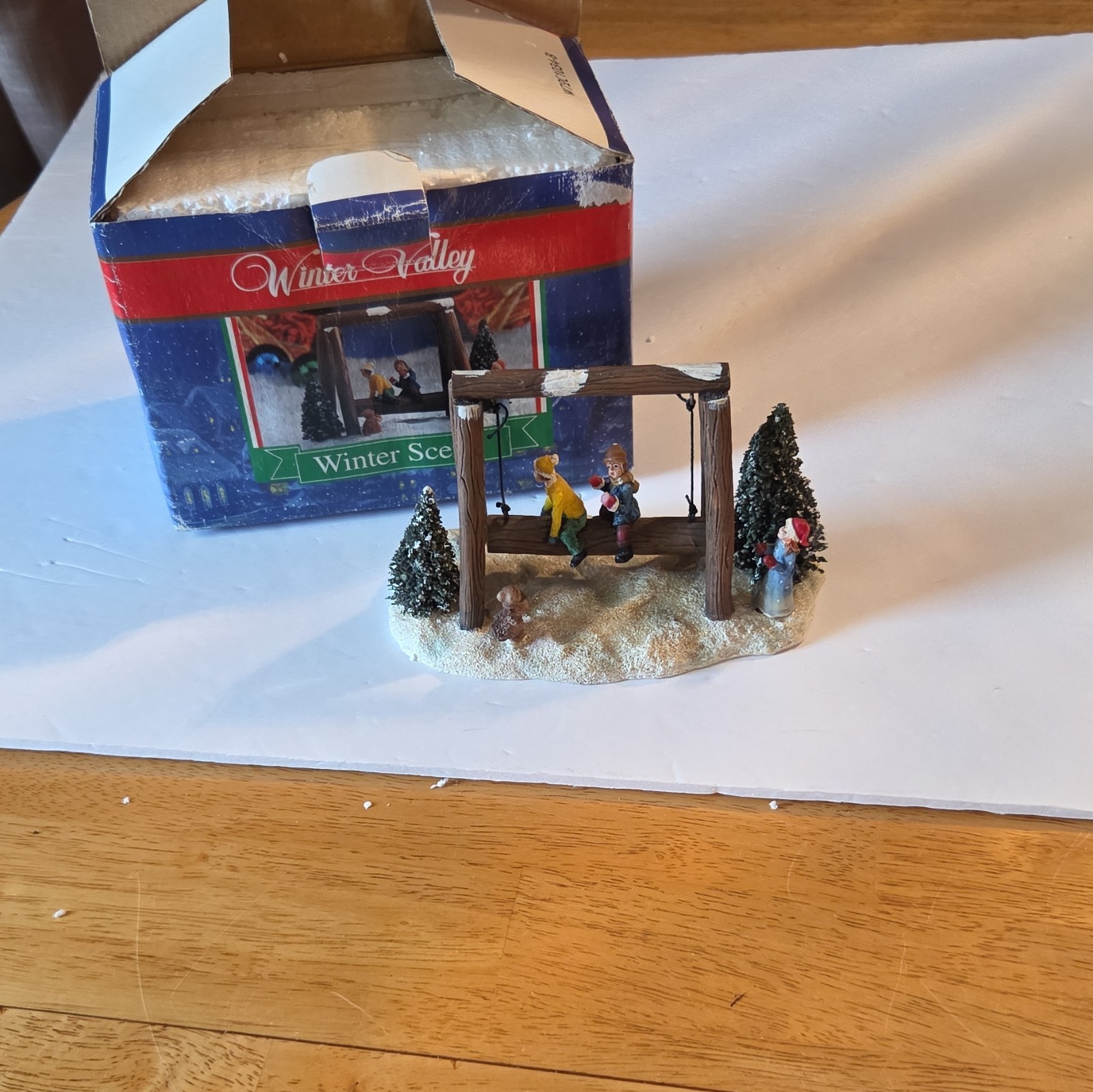 Winter Valley Winter Scene Kids Children on Swing Figurine Resin Hand Painted