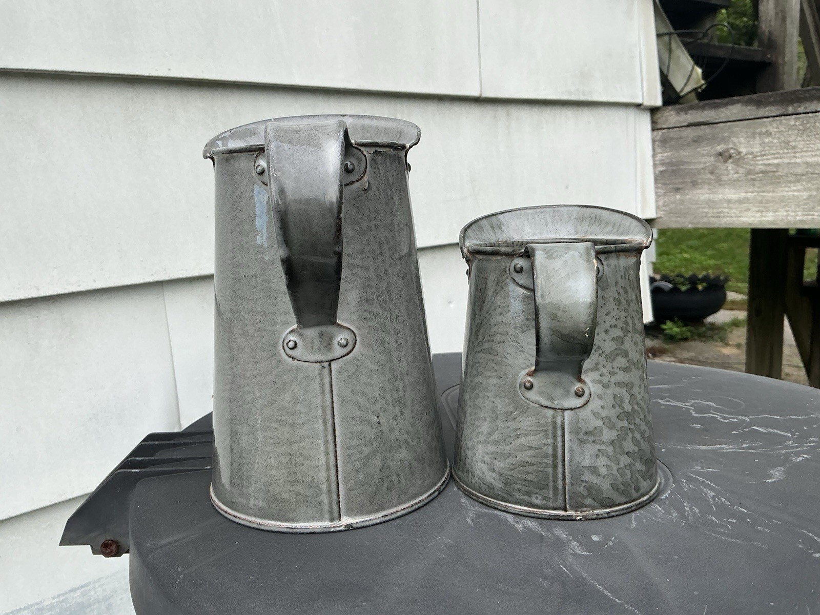 RARE MEASURE TINY EARLY GRAY RIVETED BEAUTIFUL GRANITE ENAMELWARE ANTIQUE each RARE MEASURE TINY EARLY GRAY RIVETED BEAUTIFUL GRANITE ENAMELWARE ANTIQUE each
