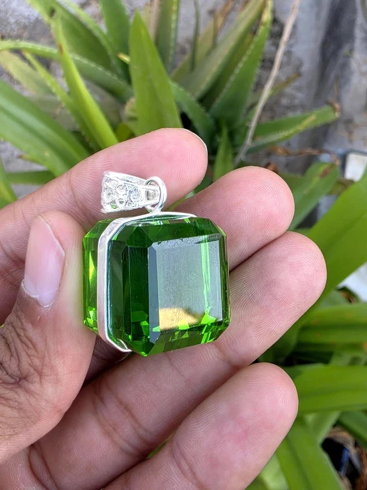 80Ct+ Natural Green Cube Topaz 925 Solid Sterling Silver Pendant RG Gemstone 80Ct+ Natural Green Cube Topaz 925 Solid Sterling Silver Pendant RG Gemstone