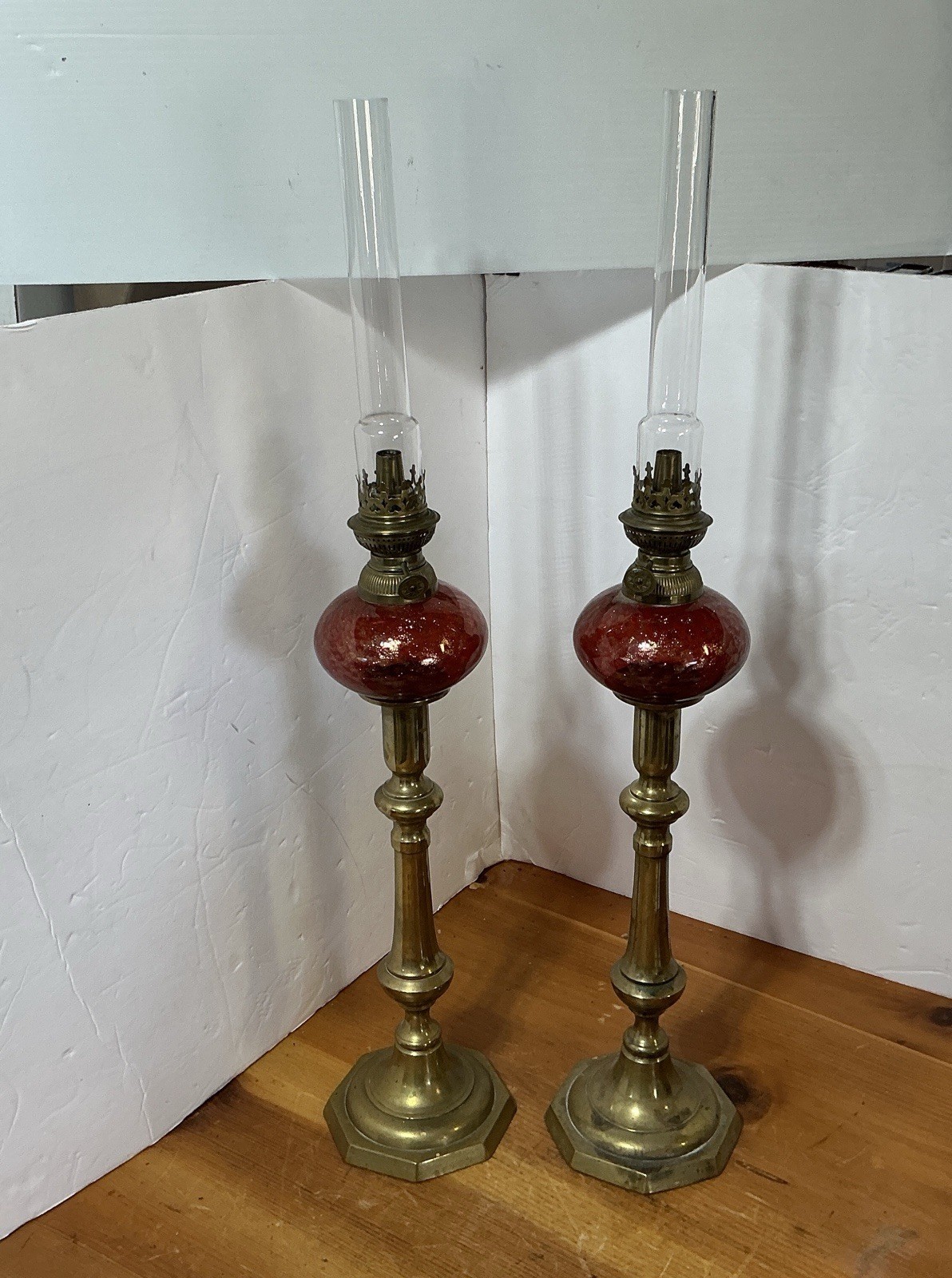 2 Antique Peg Oil Lamps Loetz Glass ? Pushup Candlestick Brass 24" TALL GERMAN ? 2 Antique Peg Oil Lamps Loetz Glass ? Pushup Candlestick Brass 24" TALL GERMAN ?