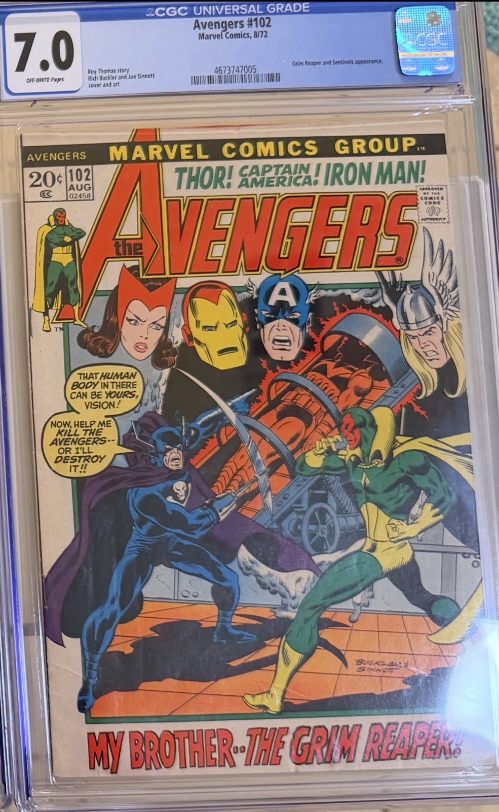 AVENGERS #102 CGC 7.0 Grim Reaper & Sentinels Appearance AVENGERS #102 CGC 7.0 Grim Reaper & Sentinels Appearance