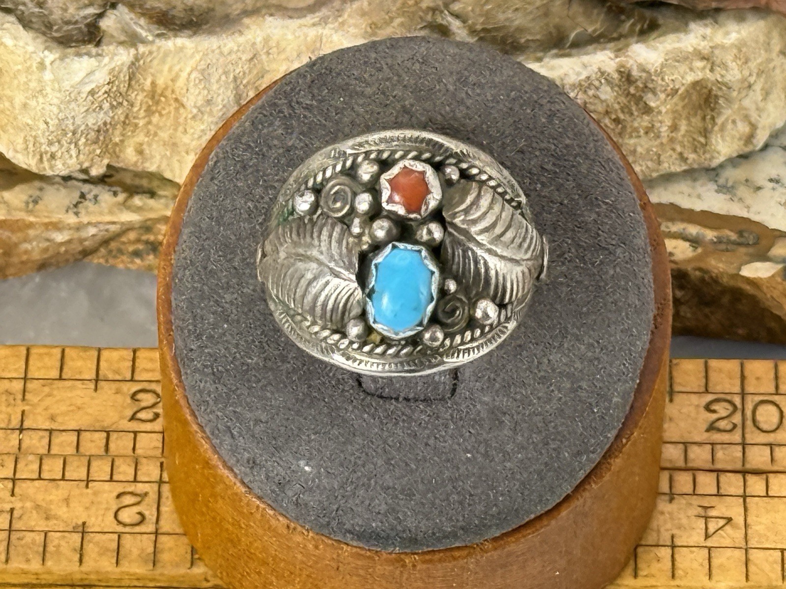 Vintage Native Navajo Sterling Silver Turquoise Coral Ring sz 8.55--2296.26 Vintage Native Navajo Sterling Silver Turquoise Coral Ring sz 8.55--2296.26