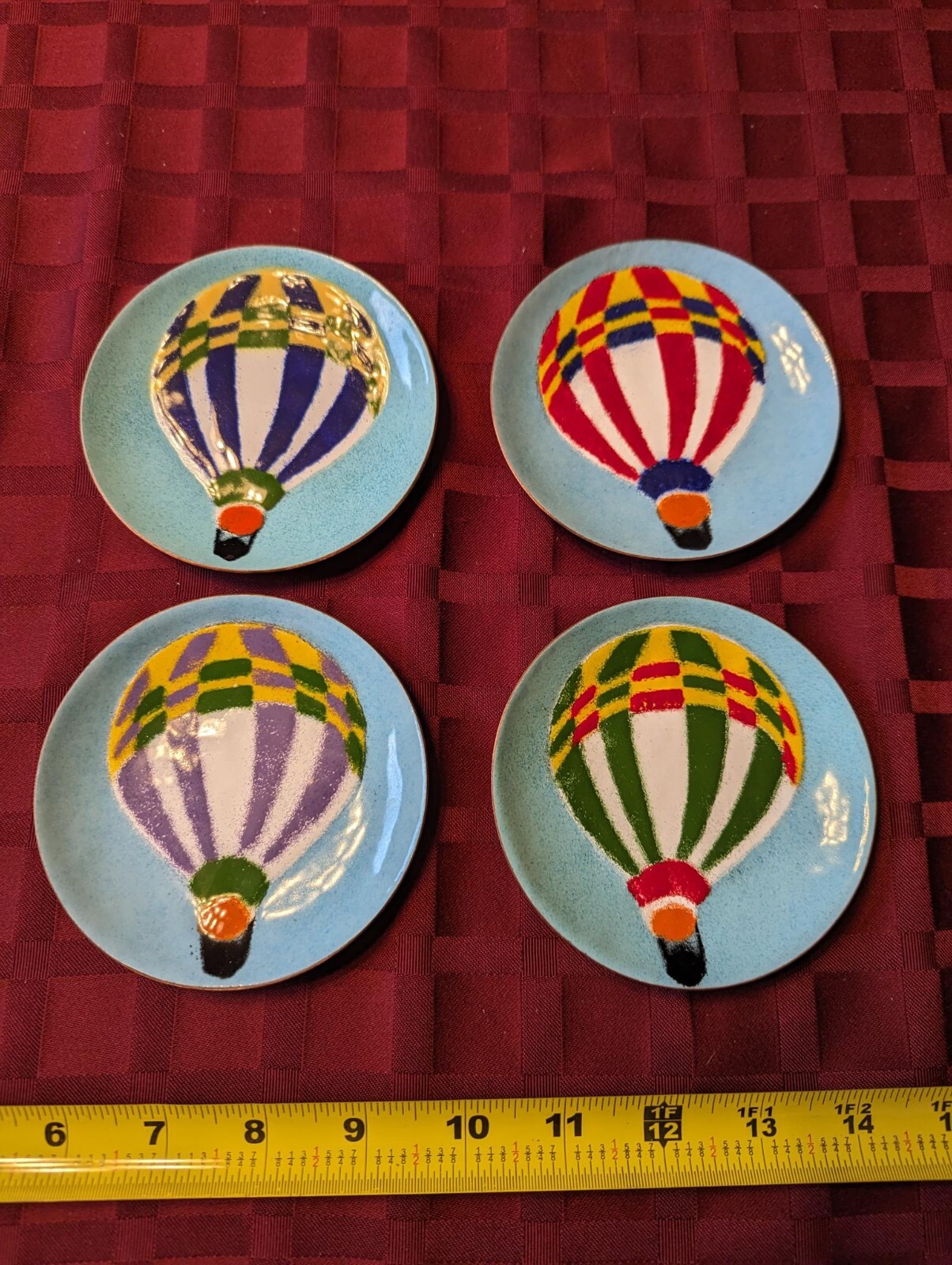 Set of Four Vintage ANNEMARIE DAVIDSON Enamel Plates 4.25" Hot Air Balloon RARE
