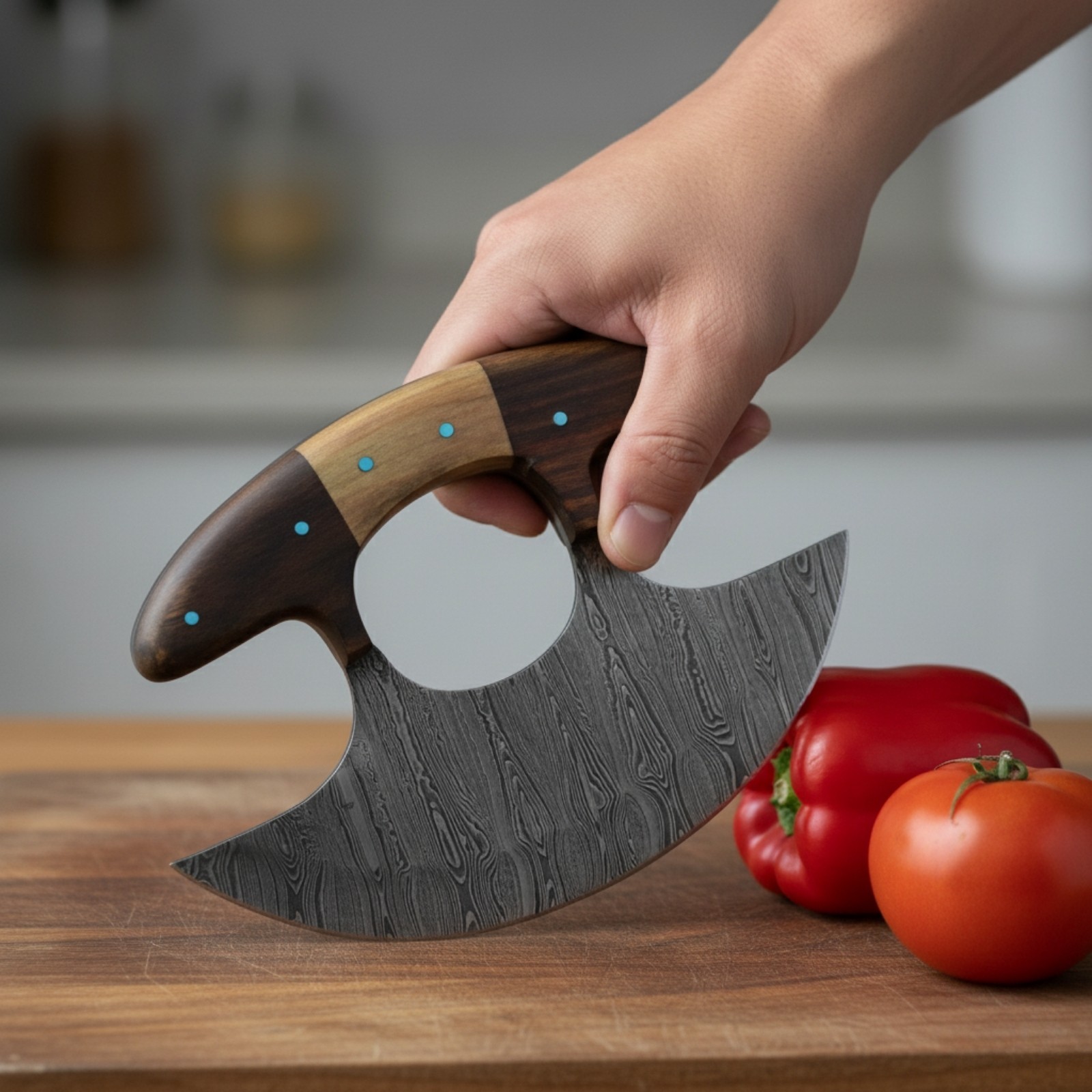 SHARD Handmade Damascus Steel Ulu Knife 5.5" Chopper Exotic Wood Handle Sheath
