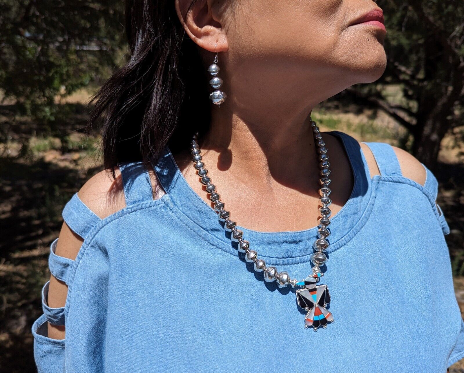 Navajo Pearls Necklace Earrings Set Signed NA Jewelry Thunderbird Pendant