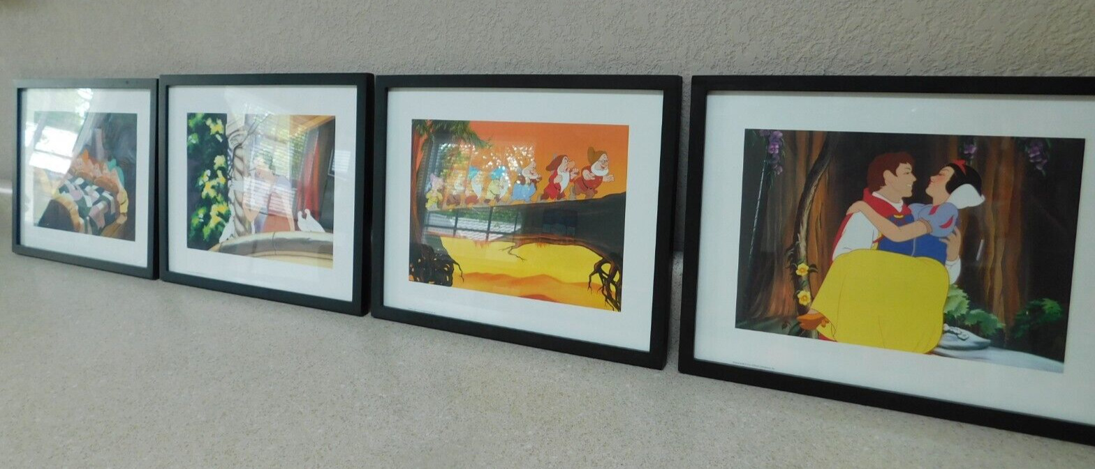 Vintage Walt Disney Snow White Set Of 4 Framed Photos Lithograph Pictures