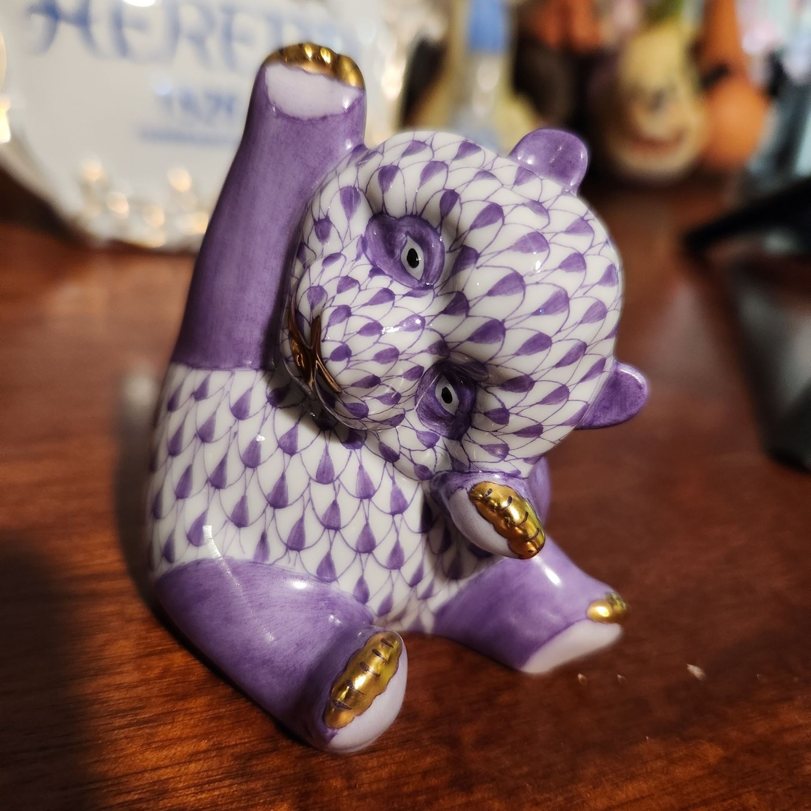 Vintage Herend Purple Lilac Fishnet Porcelain Playful Panda Bear Cub Figurine Wi
