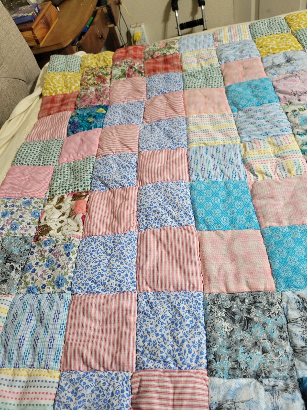 VNTG Homemade Twin Quilt Hand Quilted 51"×74" 1950s. Mixed Materials VNTG Homemade Twin Quilt Hand Quilted 51"×74" 1950s. Mixed Materials