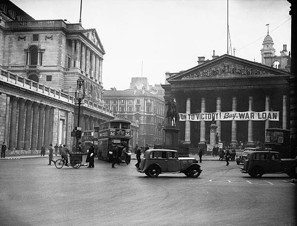 Banner adorns the portico of the Royal Exchange building opposite - Old Photo Banner adorns the portico of the Royal Exchange building opposite - Old Photo