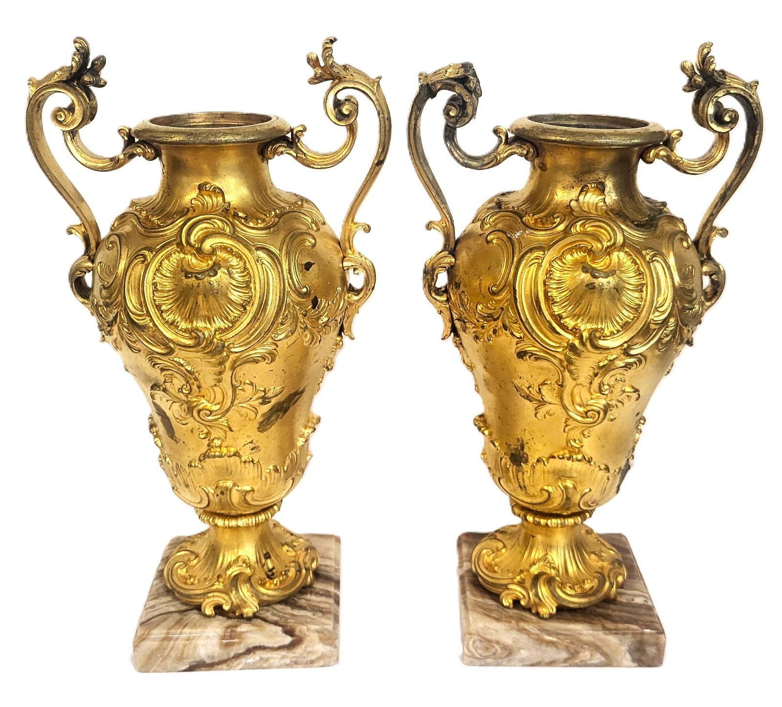 PAIR Antique FRENCH 19th C ROCOCO Gilt BRONZE Urns BARBEDIENNE VASE on Marble